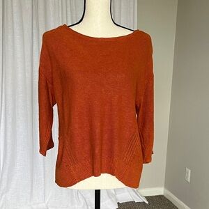 Anthropologie Linen Blend Rust Orange 3/4 Sleeve Wide Neck Lightweight Sweater S